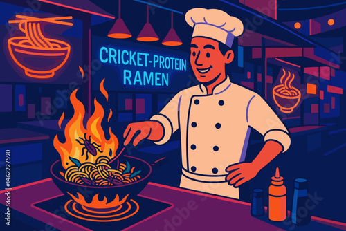 The scene features a flat alt-protein setting with a noodle toss, blue coils, and neon signs