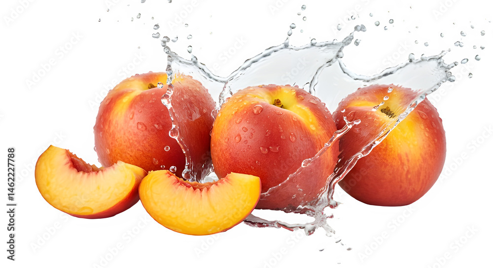 Juicy peaches splashing in water, a refreshing summer image.