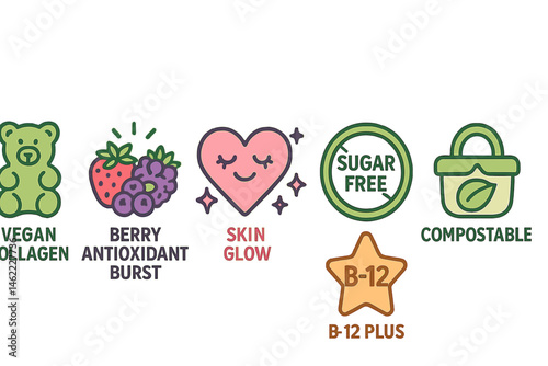 Icons of gummy wellness are depicted as a bear, burst, heart, badge, loop, and star
