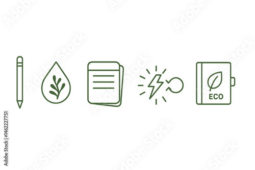 Icons for eco stationery are connected by images of a stylus, tip, pad, flash, arrow, and badge