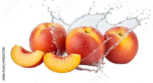 Obraz na płótnie Juicy peaches splashing in water, a refreshing summer image. w salonie