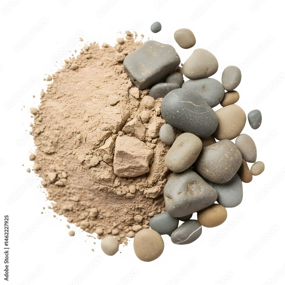 A pile of light brown sand with various sizes and colors of rocks.