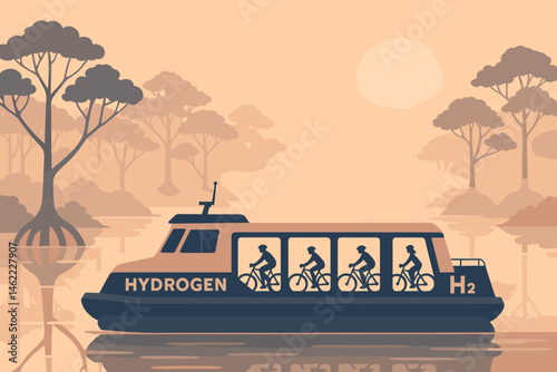The scene features flat clean mobility with a hover wake, bikes onboard, and roots of mist