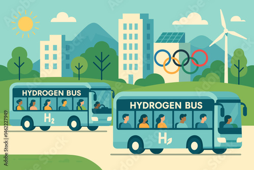 The scene features a flat event space with buses powered by hydrogen, banners of athletes, and rooftops covered in greenery