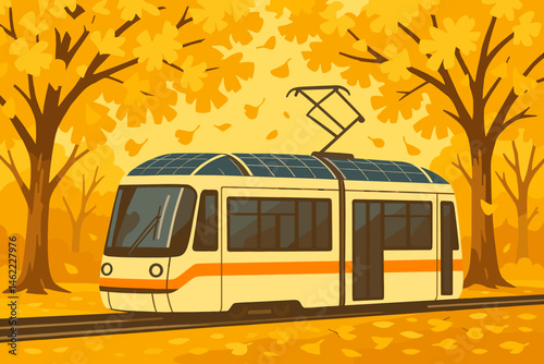 The scene is a flat and clean mobility setting that features a PV tram, yellow leaves, and a quiet boulevard
