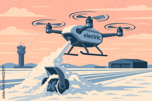 The scene depicts a flat winter landscape with a drone plow, aircraft lights, and a dawn hue