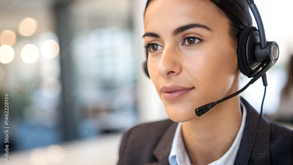 leadership development Professional woman wearing a headset, focused on communication in a modern office environment. leadership development Professional woman wearing a headset, focused on communication in a modern office environment.
