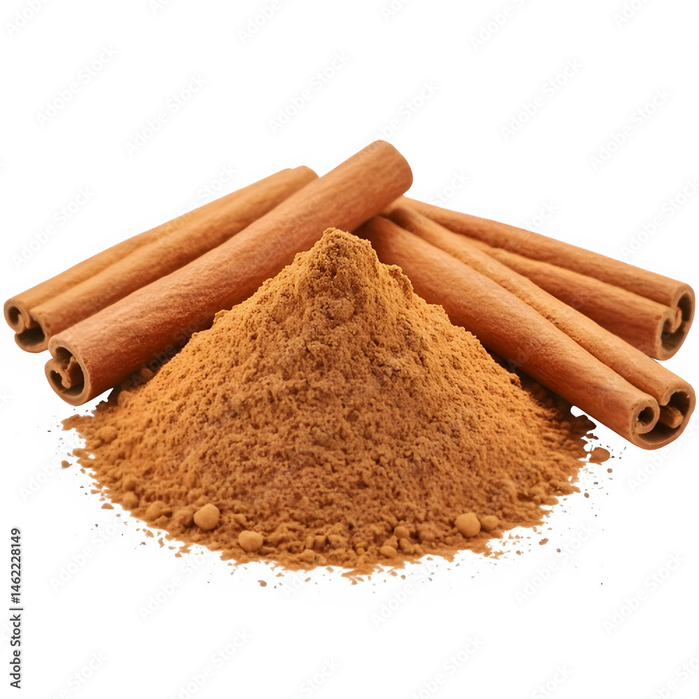 Cinnamon sticks and powder. Warm, earthy tones.