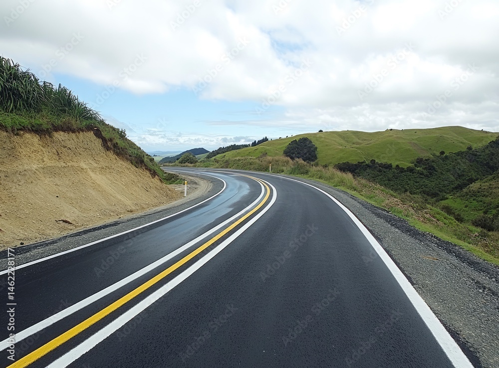 Naklejka premium Curving Road Through Green Hills