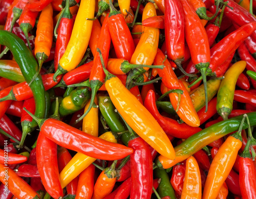 A variety of vibrant chili peppers, showcasing the diverse and spicy flavors used in Ecuadorian gastronomy.
