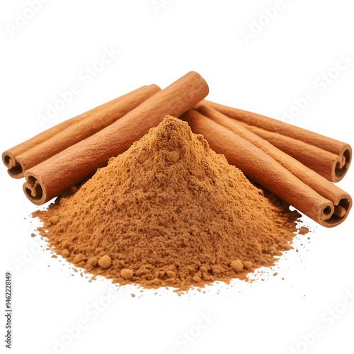 Cinnamon sticks and powder. Warm, earthy tones.