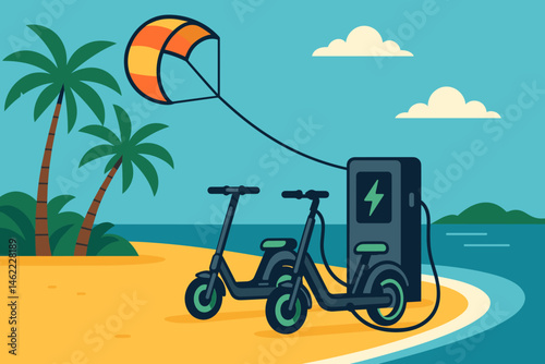 The island's tech scene is depicted as flat, complete with a tethered kite, a power hub, scooters, and turquoise water
