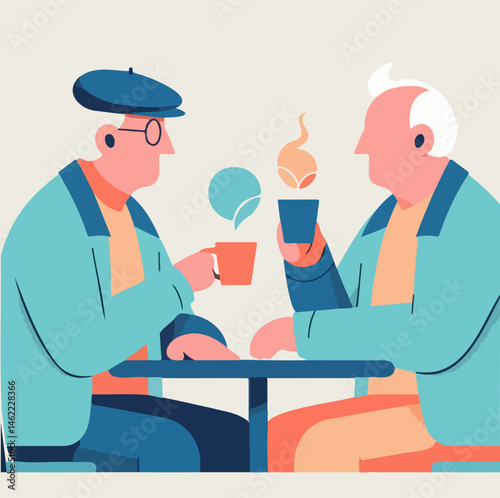 Elderly men enjoying coffee at a table in a cozy café  