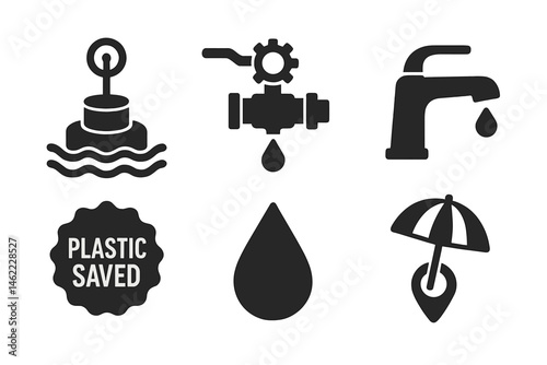 Icons of blue water that depict hub, gear, tap, badge, droplet, pin are shown