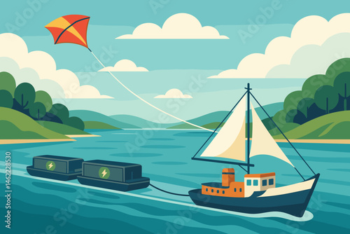 The scene depicts a flat and clean shipping area featuring a kite wing, e-barges, and tidal flats