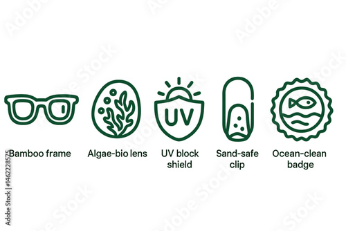 Icons for Sunglass‑eco that depict frames, lenses, shields, clips, and badges are shown