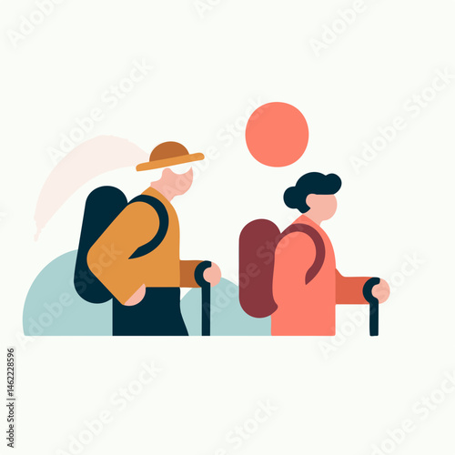Elderly hikers enjoy nature while walking against a sunny background  