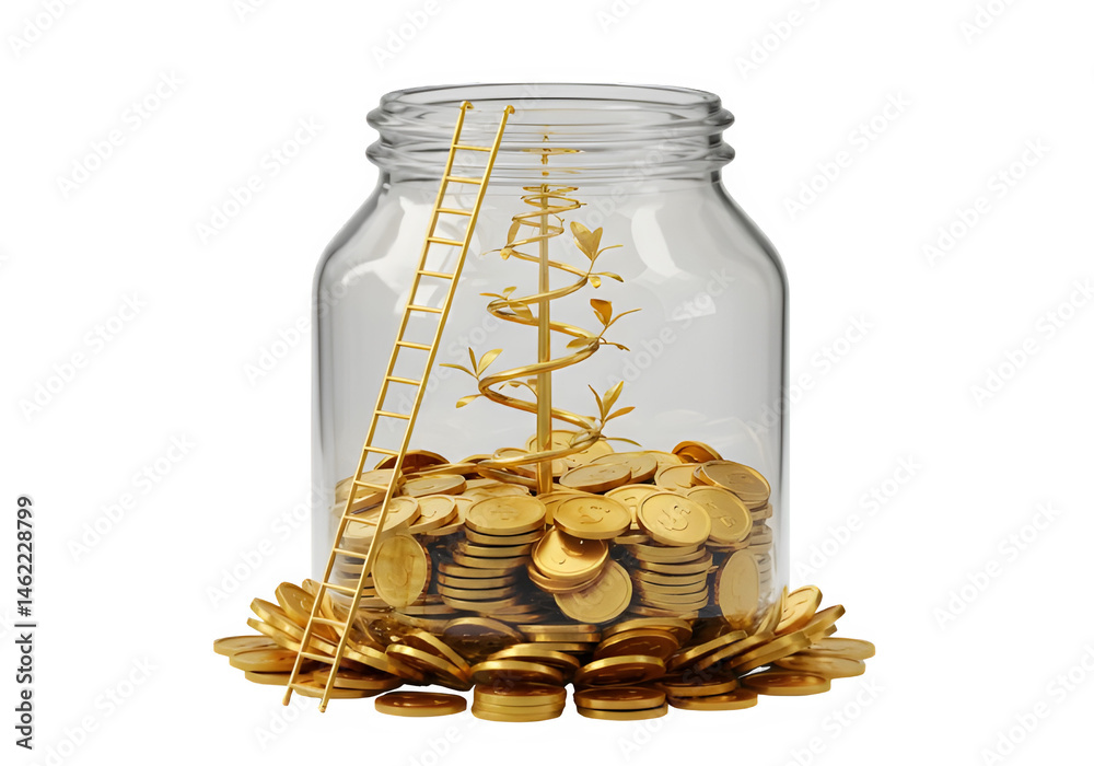 Golden coins overflowing from a glass jar, a golden plant, and a small ladder. Growth and wealth concept.