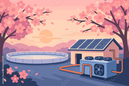 The scene is a flat, leisurely green area with a roof covered in photovoltaic panels, skaters, petals, and a soft sky