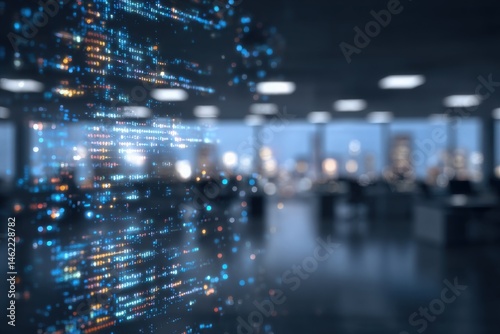 In a contemporary office space, vibrant streams of digital data flow through the air. The background reveals a city skyline illuminated by evening lights, creating a dynamic atmosphere.