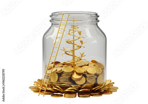 Obraz na płótnie Golden coins overflowing from a glass jar, a golden plant, and a small ladder. Growth and wealth concept. w salonie