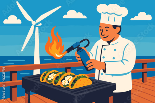 A flat plant is situated in a scene with a BBQ, taco shells, a turbine, and an ocean breeze blowing by