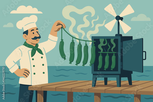 A flat expanse of plant-protein sources is depicted with green sausages, a turbine mast, and sea mist rolling in