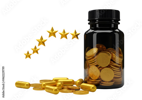 Golden pills and coins in a jar, five stars.  Luxury wealth concept.