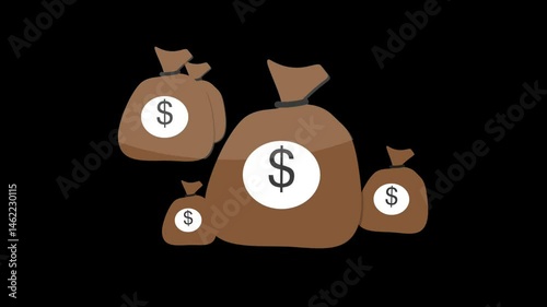 Animated money bags with dollar signs appearing and disappearing on black background
