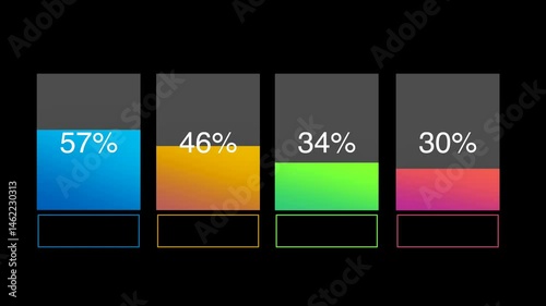 Animated progress bars showcasing data visualization and percentage increase on black background