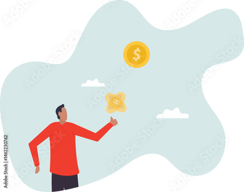 Coin flip or toss spinning money coin metaphor of luck, chance and opportunity,character for design.