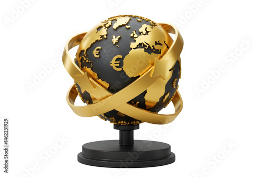 Global finance concept.  A dark globe with gold currency symbols and arrows.