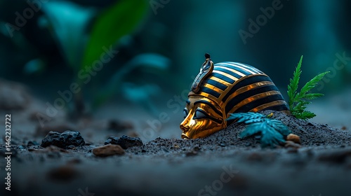 Golden mask buried in sand, mysterious