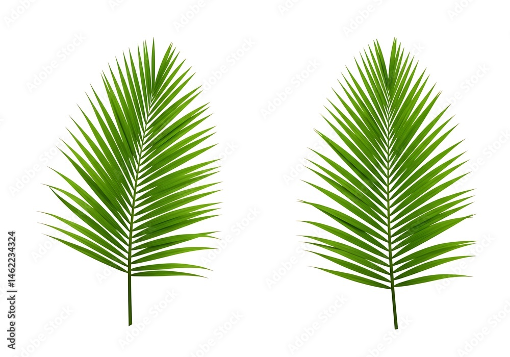 Obraz premium Two bright green palm fronds isolated against a stark white background in a minimalist composition