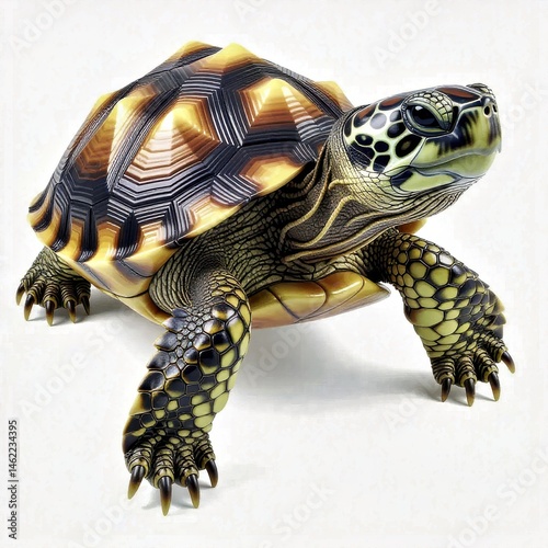 Ornate Box Turtle Strolling on White Background, Studio Shot


