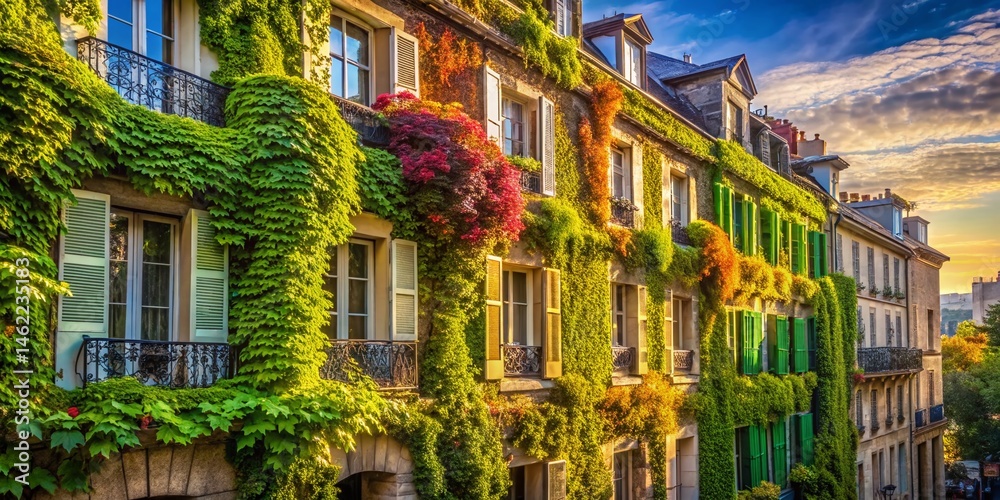custom made wallpaper toronto digitalLush Leafy Facade, Montmartre, Paris - Charming Parisian Building Exterior