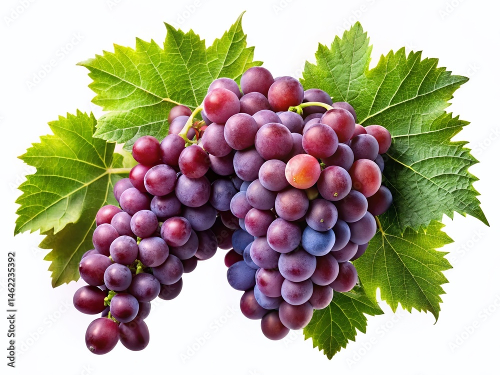 Fototapeta premium Lush Red Wine Grapes on Vine Branch, Isolated, High Depth of Field