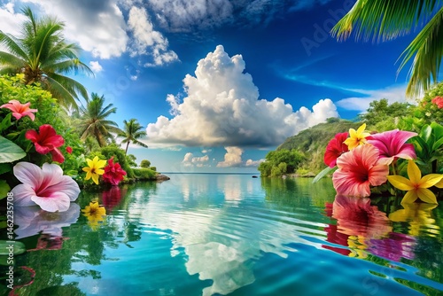 Lush Tropical Paradise: Vibrant Greenery, Colorful Flowers, Serene Water Reflection