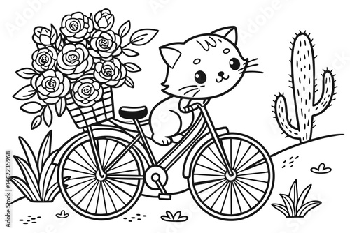 6 Cute kitten, bicycle, flowers, roses, cactus, black and white illustration, detailed linework, whimsical, charming, adorable, fluffy cat, floral arrangement, vintage bike, hand-drawn style, intricat
