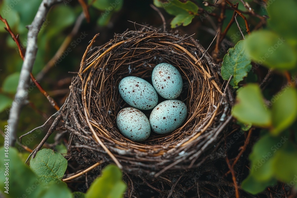 Delicate Bird Eggs in a Woven Nest Delicate Bird Eggs in a Woven Nest