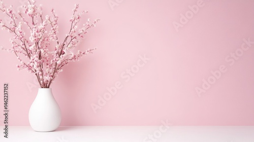 A white vase with delicate pink flowers on a minimalist shelf against a soft pink wall, and elegant and serene interior design composition.