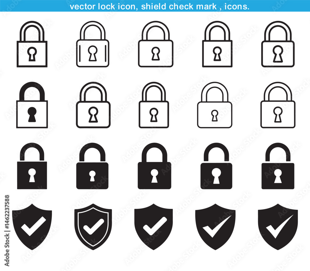 Set Of Padlock and Shield Check Mark Icons Silhouette vector sticker collection Set Of Padlock and Shield Check Mark Icons Silhouette vector sticker collection