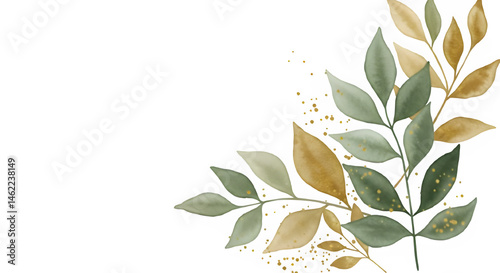Elegant watercolor leaves in gold and sage green, perfect for invitations or branding.