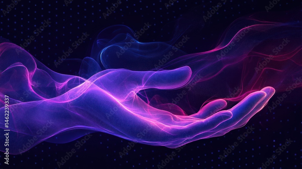 Fototapeta premium Abstract Digital Art: Intertwined Hands in a Nebula of Purple and Blue
