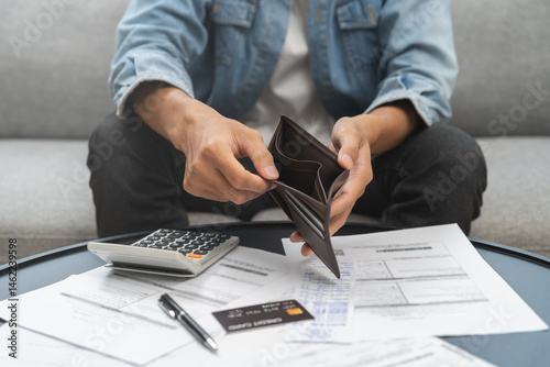 Konstfotografi Debt financial concept, stressed problem people asian man, male hand open empty