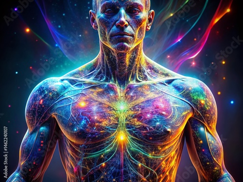 Macro Holographic Human Torso: Fractal Energy Glowing Anatomy