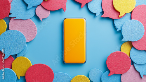 Vibrant Smartphone Surrounded by Colorful Speech Bubbles on a Blue Background for Communication and Technology Themes