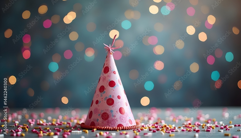 Pink party hat with colorful sprinkles. Festive and joyful celebration.