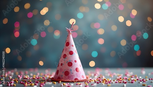 Obraz na płótnie Pink party hat with colorful sprinkles. Festive and joyful celebration. w salonie