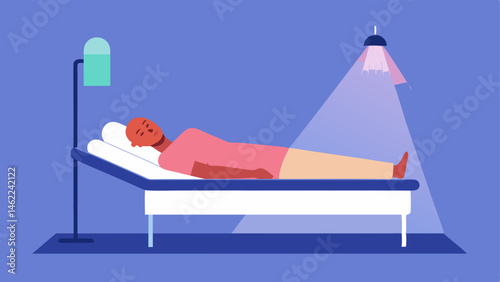 Patient in Treatment Room A serene spalike room with soft lighting featuring a patient comfortably lying on a treatment bed. Above them a gentle infrared light device emits a warm